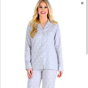 PajamaMania Women's Cotton Flannel Long Sleeve Button-Down PJ Set grey polka dot